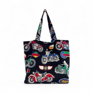 Vintage Y2K Era Black w/ Colorful Motorcycle Print Tote Bag